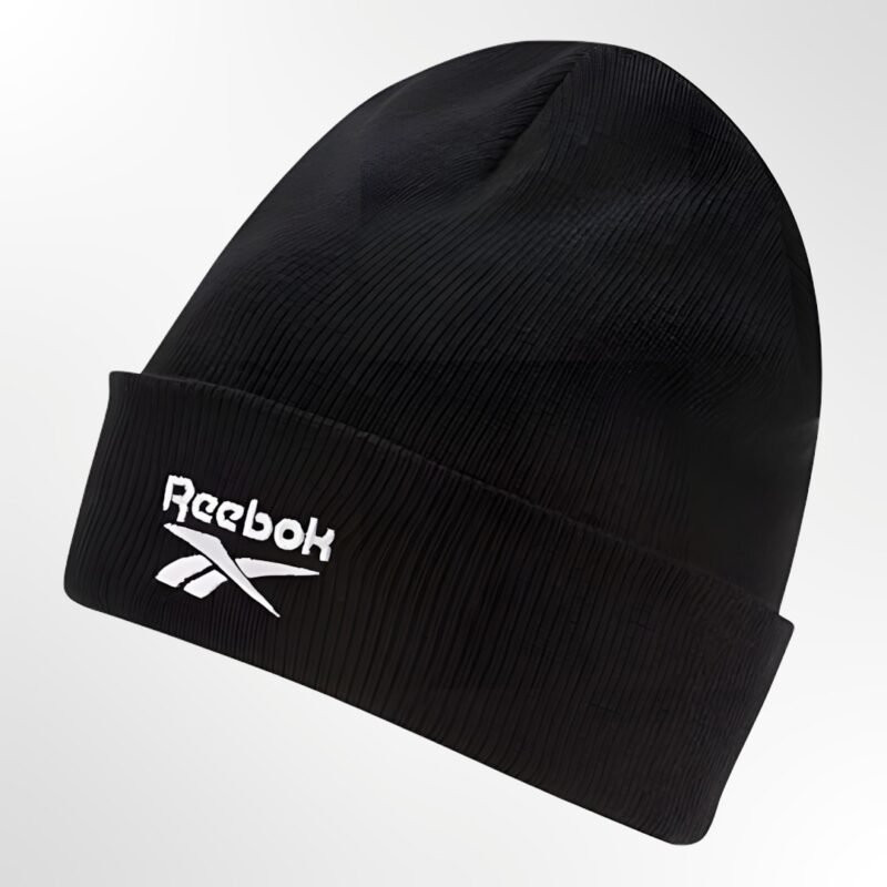 A Reebok Men's TE Logo Beanie in black, shown laid flat to display the full design and ribbed knit