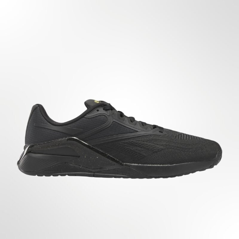 A side view of the Reebok Nano X2 training shoes in a black and pure grey colorway, showcasing the durable upper and stable design.