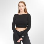 Women Boat Neck Long Sleeve Textured Cut Out Crop Top