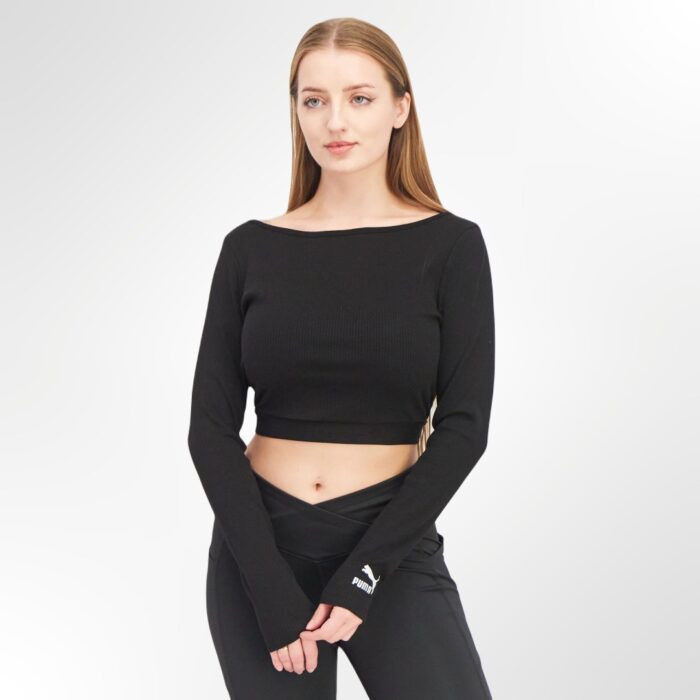 Women Boat Neck Long Sleeve Textured Cut Out Crop Top