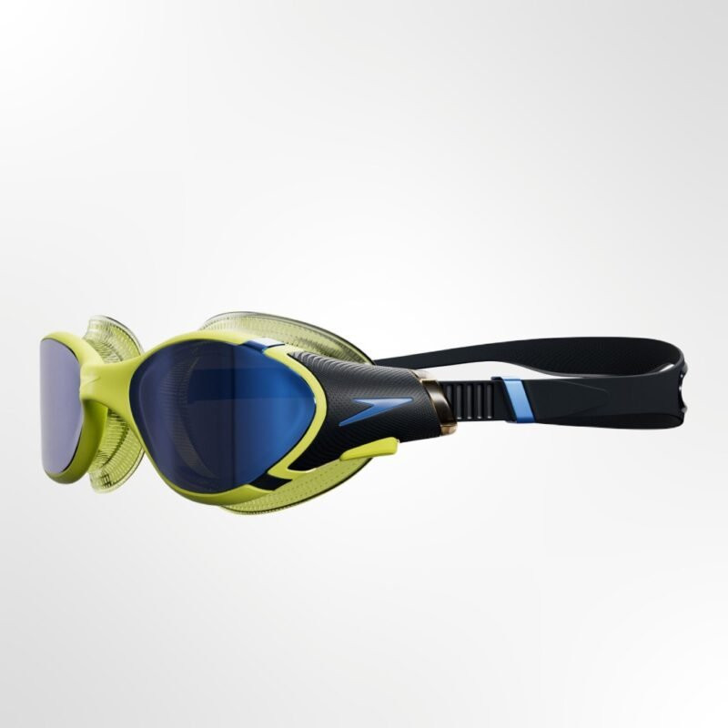 A close-up of the mirrored lens on the Speedo Biofuse 2.0 Goggles, highlighting its reflective coating