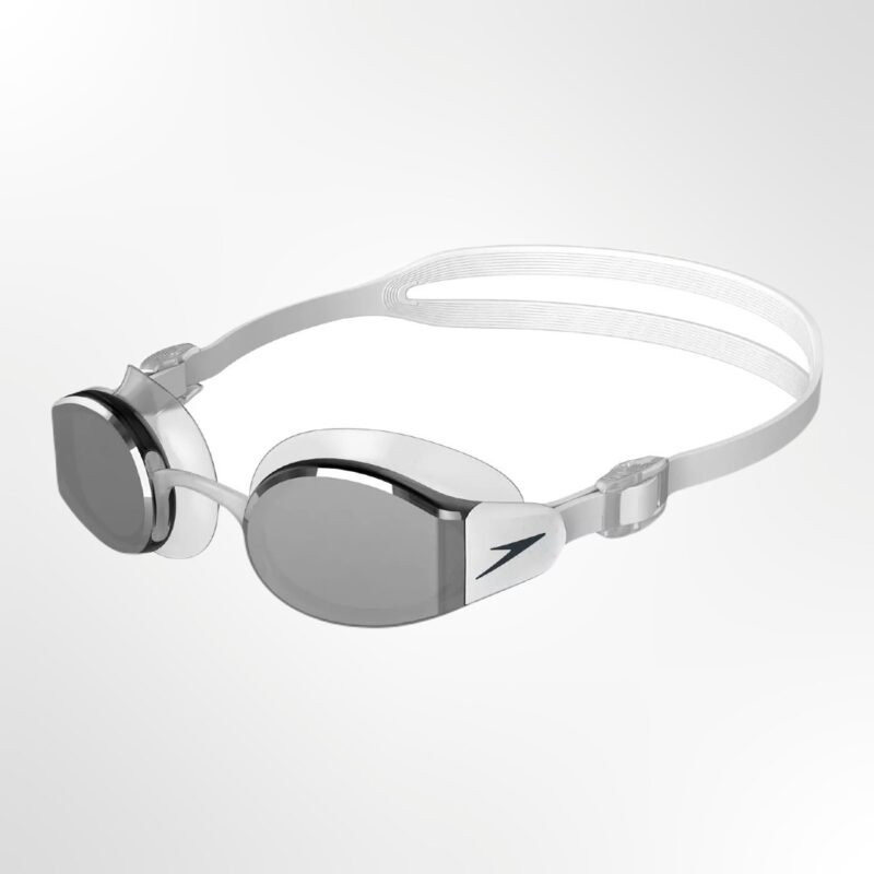 A close-up of the mirrored lenses and adjustable nose bridge of the Speedo Mariner Pro Goggles