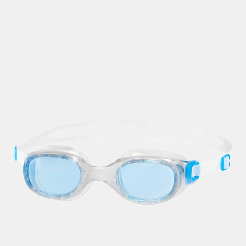 A close-up of the lenses and flexible frame of the Speedo Futura Classic Goggles