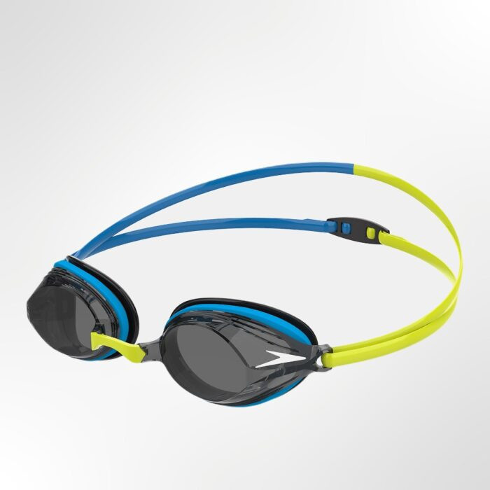front view of the Vengeance Swimming Goggles, highlighting the sleek, hydrodynamic shape and the dual-color strap.