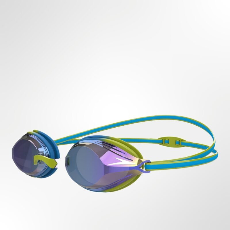 A close-up of the Speedo Vengeance Mirror Junior Goggles in pool blue, showcasing the reflective mirrored lenses