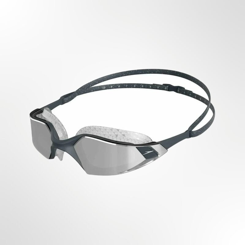 A close-up of the mirrored lens and the unique sidearm design of the Speedo Aquapulse Pro goggles