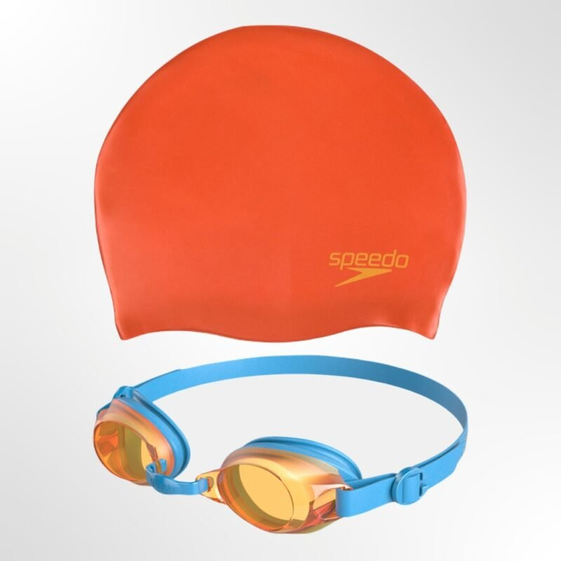 A Speedo Jet Junior Swim Set, with the goggles and swim cap laid out side-by-side on a white background.