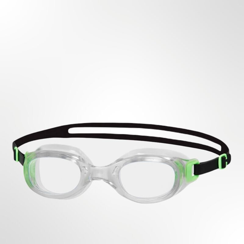 A close-up of the clear lenses and flexible frame of the Speedo Futura Classic Goggles
