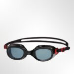 A close-up of the smoke lenses and flexible frame of the Speedo Futura Classic Goggles