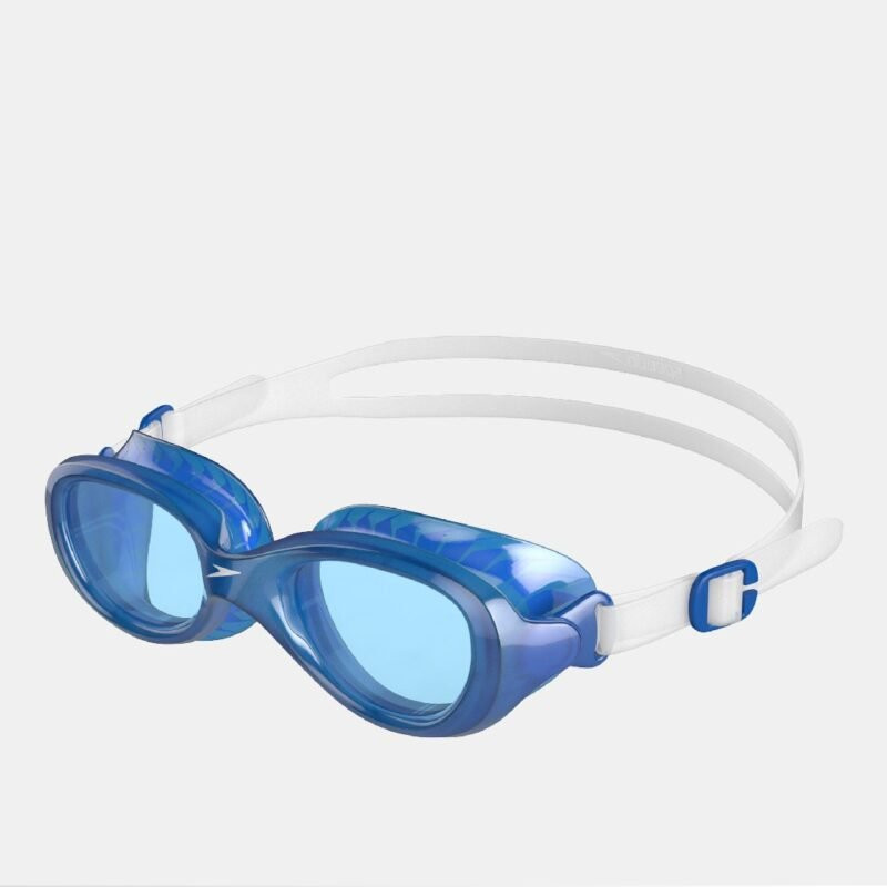 A close-up of the clear lenses and flexible frame of the Speedo Futura Classic Junior Goggles