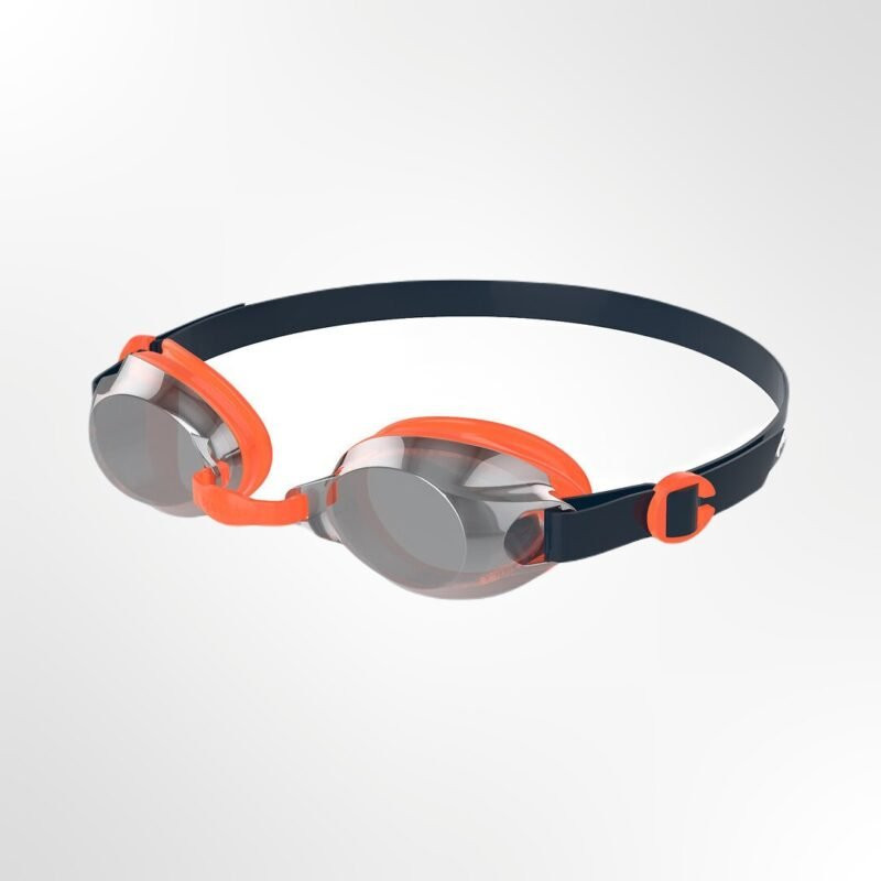 A close-up of the mirrored lenses and adjustable nose bridge of the Speedo Jet Junior Goggles