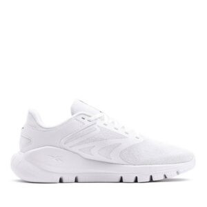 A side view of the Reebok Men's Split Flex Training Shoes in a crisp white color, highlighting the flexible, segmented outsole