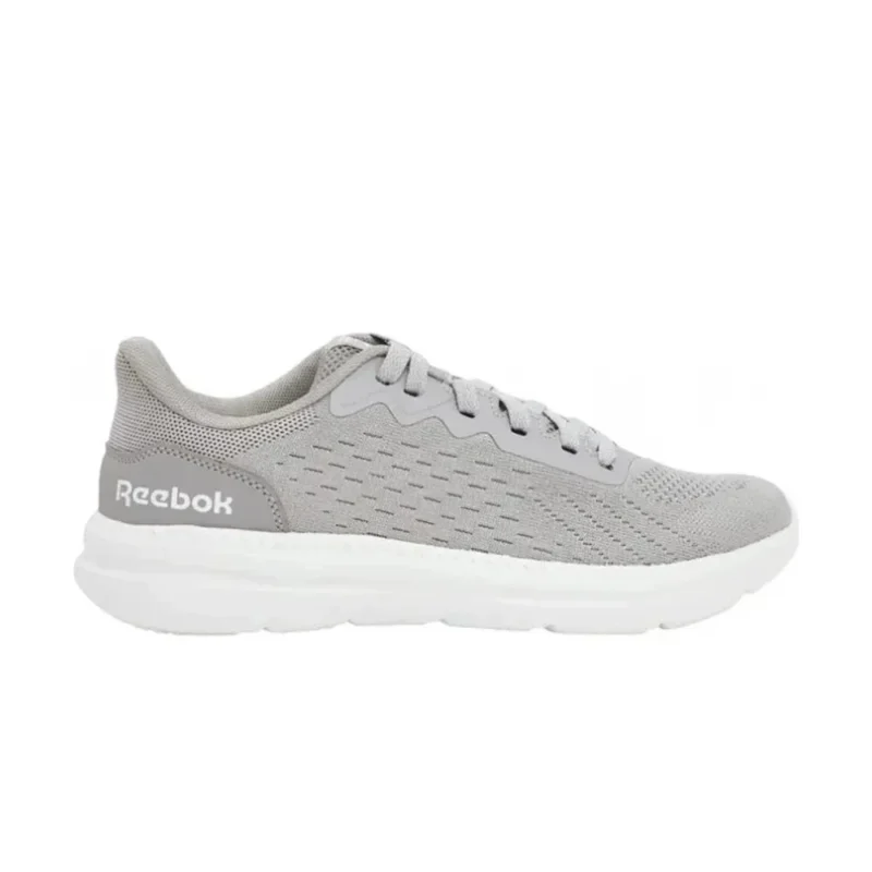 A side view of the Reebok Men's Quick Jogger Running Shoes in Grey and White, showcasing the lightweight design and comfortable midsole