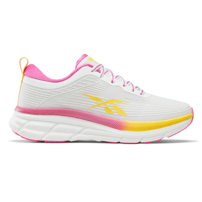 A side view of the Reebok Women's Road Strider Running Shoes in White and Atomic Pink, showcasing the bright color contrasts and durable road-ready outsole
