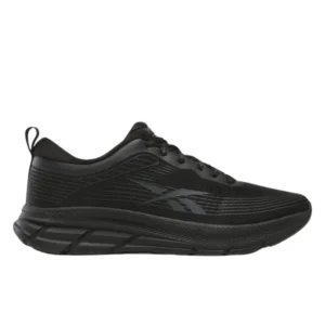 A side view of the Reebok Men's Road Strider Running Shoes in a classic black color, showcasing the durable road-ready outsole