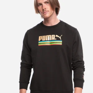 A man wearing the Puma TFS WH Crew Sweatshirt in Puma Black, showcasing its comfortable, casual street styl